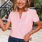 Pink Collared V Neck Puff Sleeve T-shirt