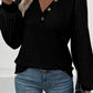 Black Buttoned V Neck Ribbed Puff Sleeve Top