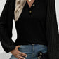 Black Buttoned V Neck Ribbed Puff Sleeve Top