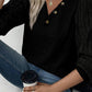 Black Buttoned V Neck Ribbed Puff Sleeve Top