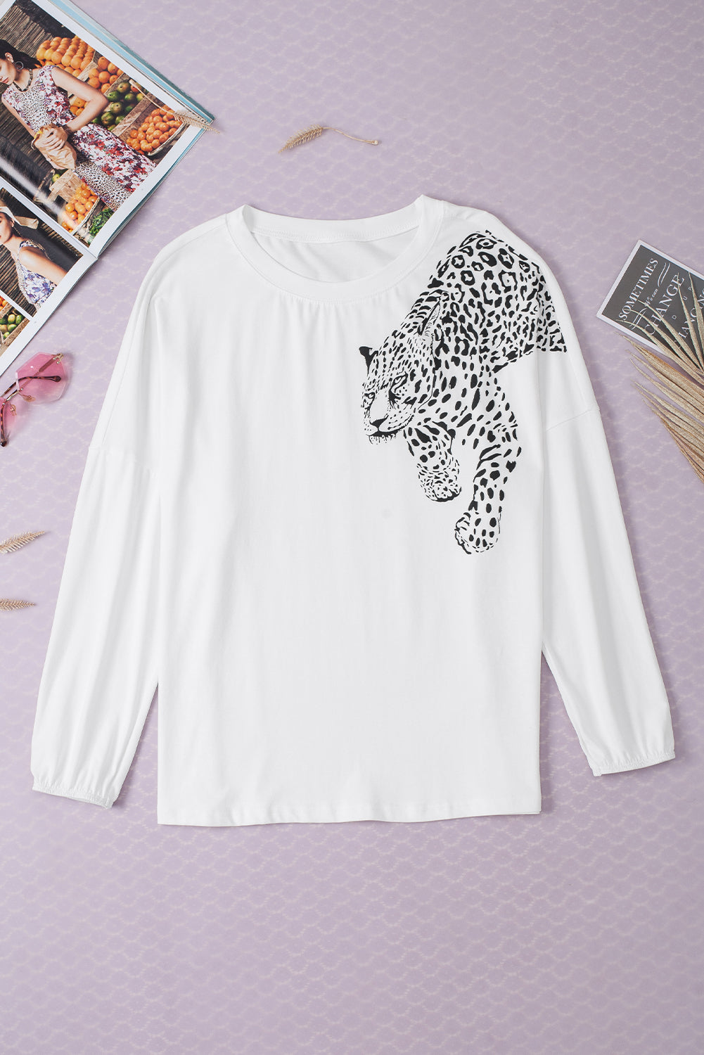 Cheetah Pattern Drop Shoulder Long Sleeve Top