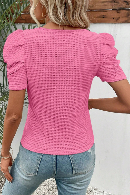 Bright Pink Waffle Knit Ruched Puff Sleeve Top