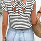 White Stripe Butterfly Sleeve V Neck Hollowed Knot Back T Shirt