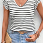 White Stripe Butterfly Sleeve V Neck Hollowed Knot Back T Shirt