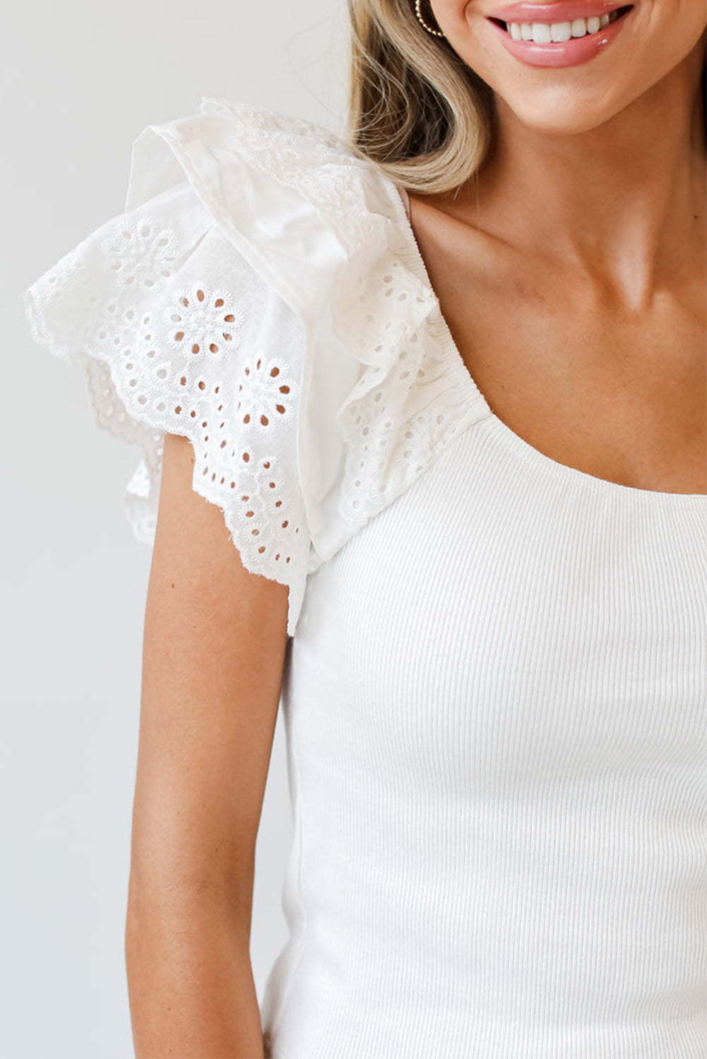 White Eyelet Ruffle Sleeve Slim Fitted Top