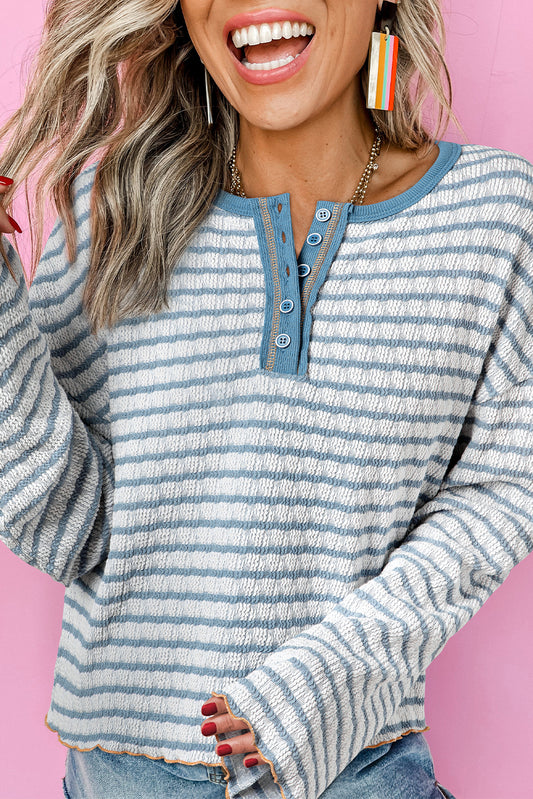 Sky Blue Stripe Textured Frilly Trim Buttons Henley Long Sleeve Top