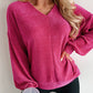 Rose Red Textured Long Sleeve V Neck Top