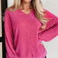 Rose Red Textured Long Sleeve V Neck Top