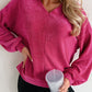 Rose Red Textured Long Sleeve V Neck Top