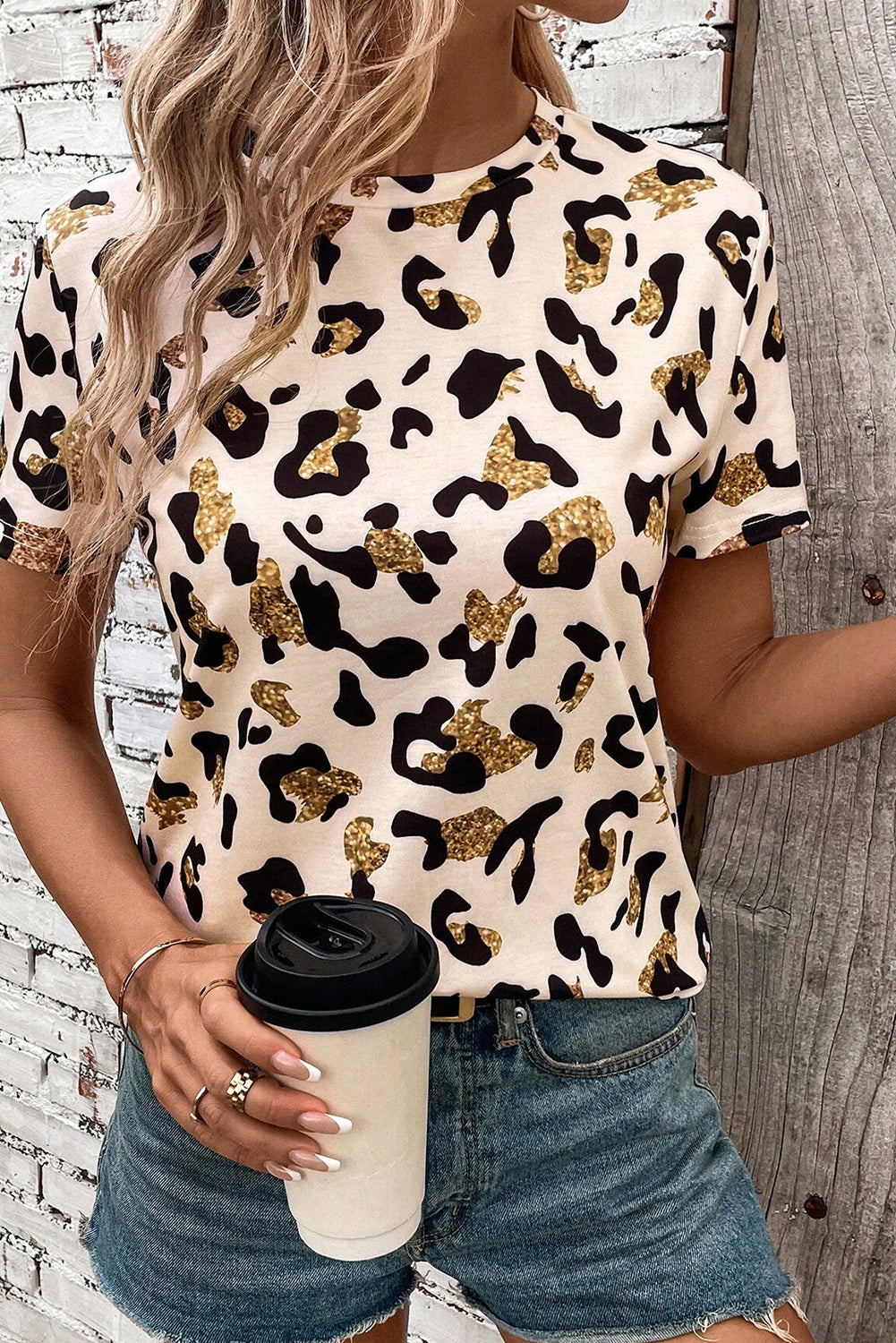 Apricot Leopard Print Round Neck Casual T Shirt