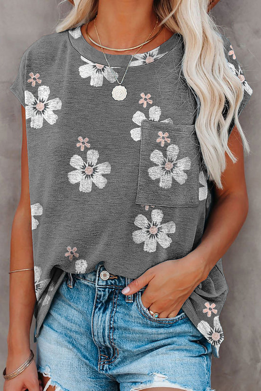 Grey Floral Cap Sleeve T-Shirt with Pocket