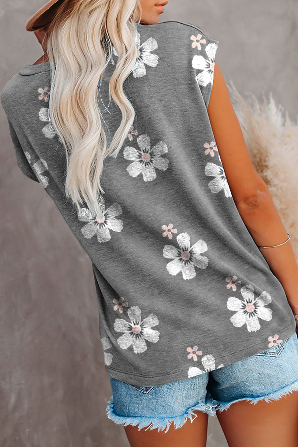 Grey Floral Cap Sleeve T-Shirt with Pocket
