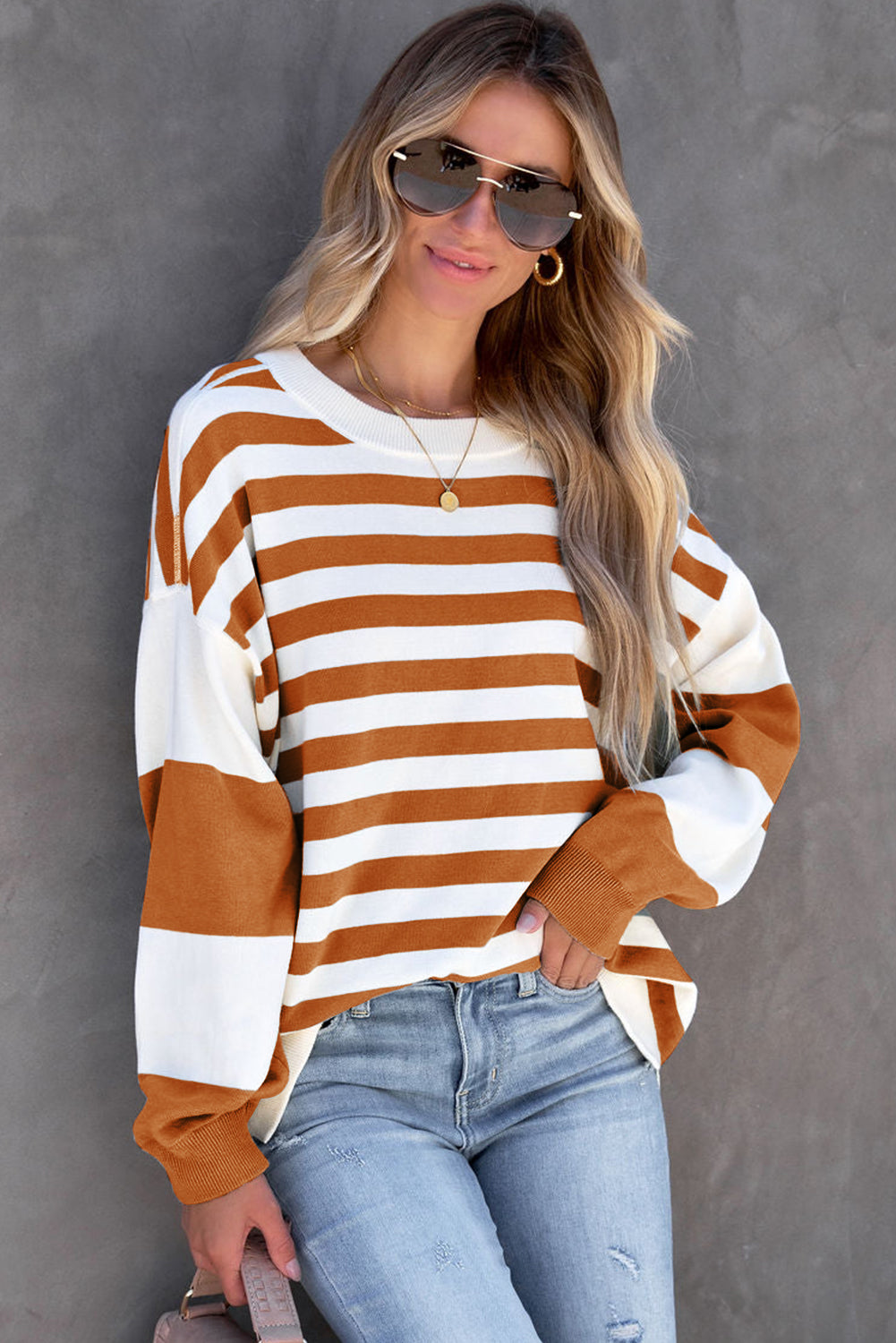 Brown Stripe Drop Shoulder Striped Pullover Sweatshirt