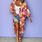 Pink Floral Allover Print Open Front Belted Duster Kimono