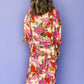 Pink Floral Allover Print Open Front Belted Duster Kimono