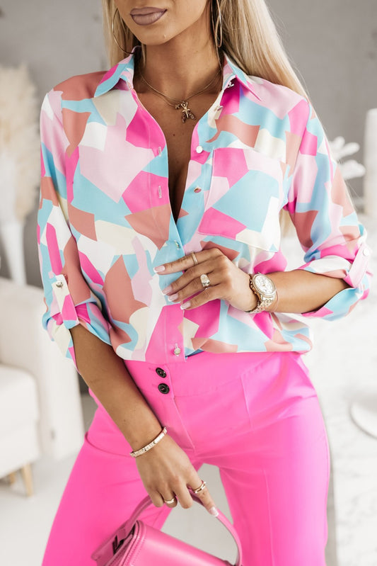 Pink Geometric Block Printed Roll Tab Sleeve Shirt