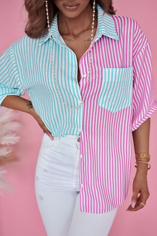 Blue Pink Contrast Striped Print Shirt