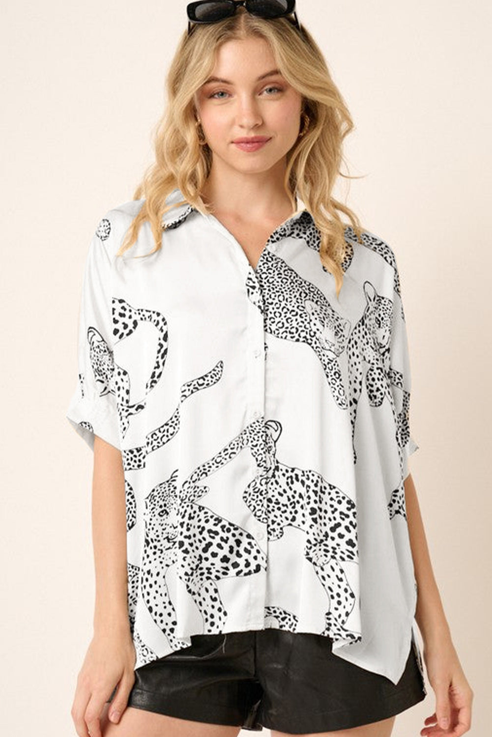 Beige Cheetah Print OVERSIZED Buttoned Half Sleeve Shirt