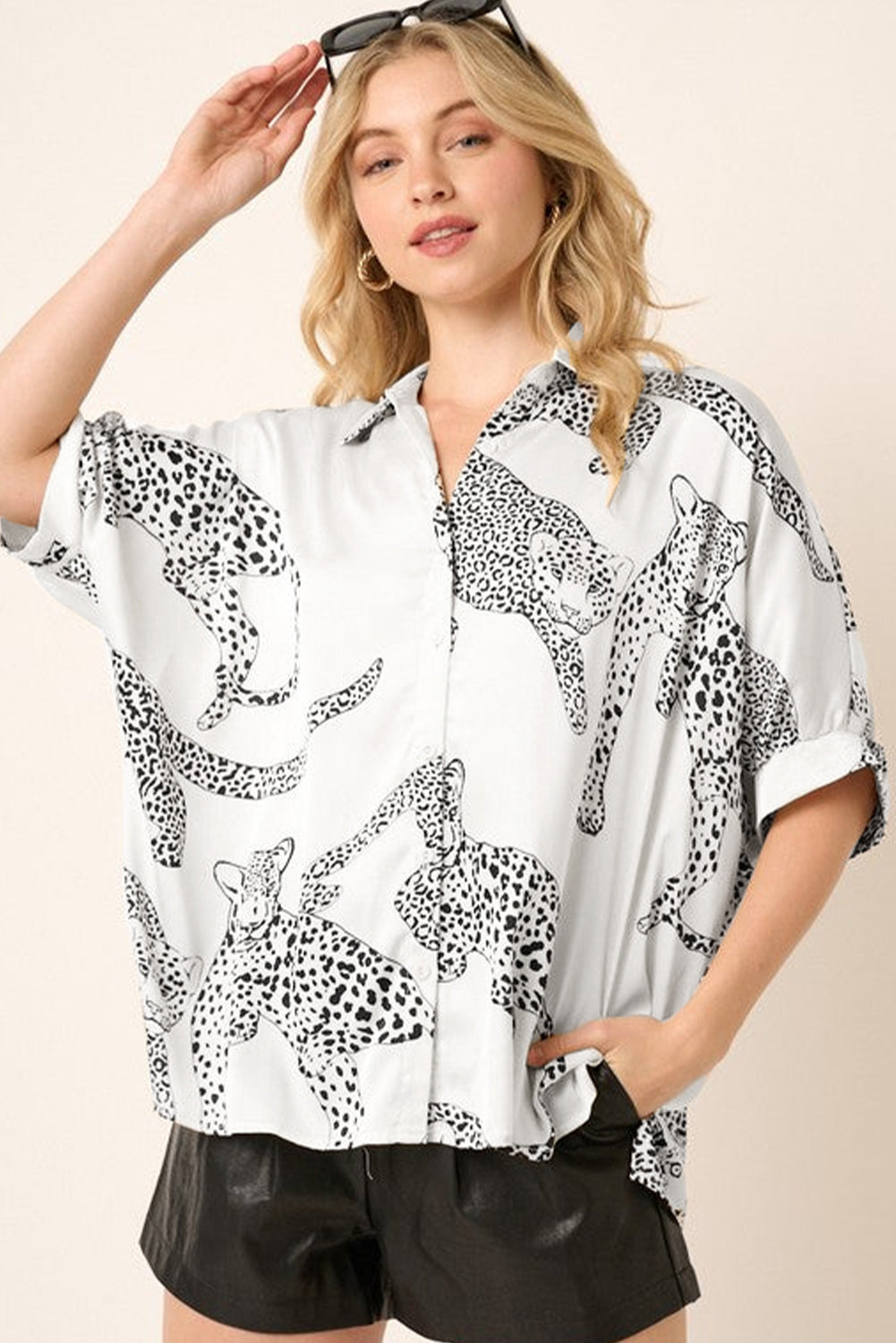 Beige Cheetah Print OVERSIZED Buttoned Half Sleeve Shirt