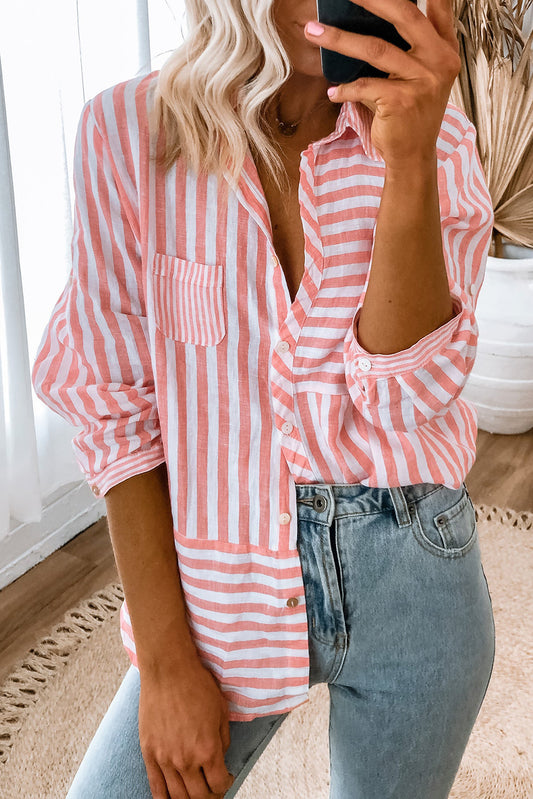 Pink Stripe Buttoned Long Sleeve Casual Shirt