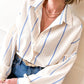 Sky Blue Stripe Drop Shoulder Bubble Sleeve Loose Shirt