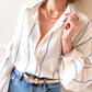 Sky Blue Stripe Drop Shoulder Bubble Sleeve Loose Shirt