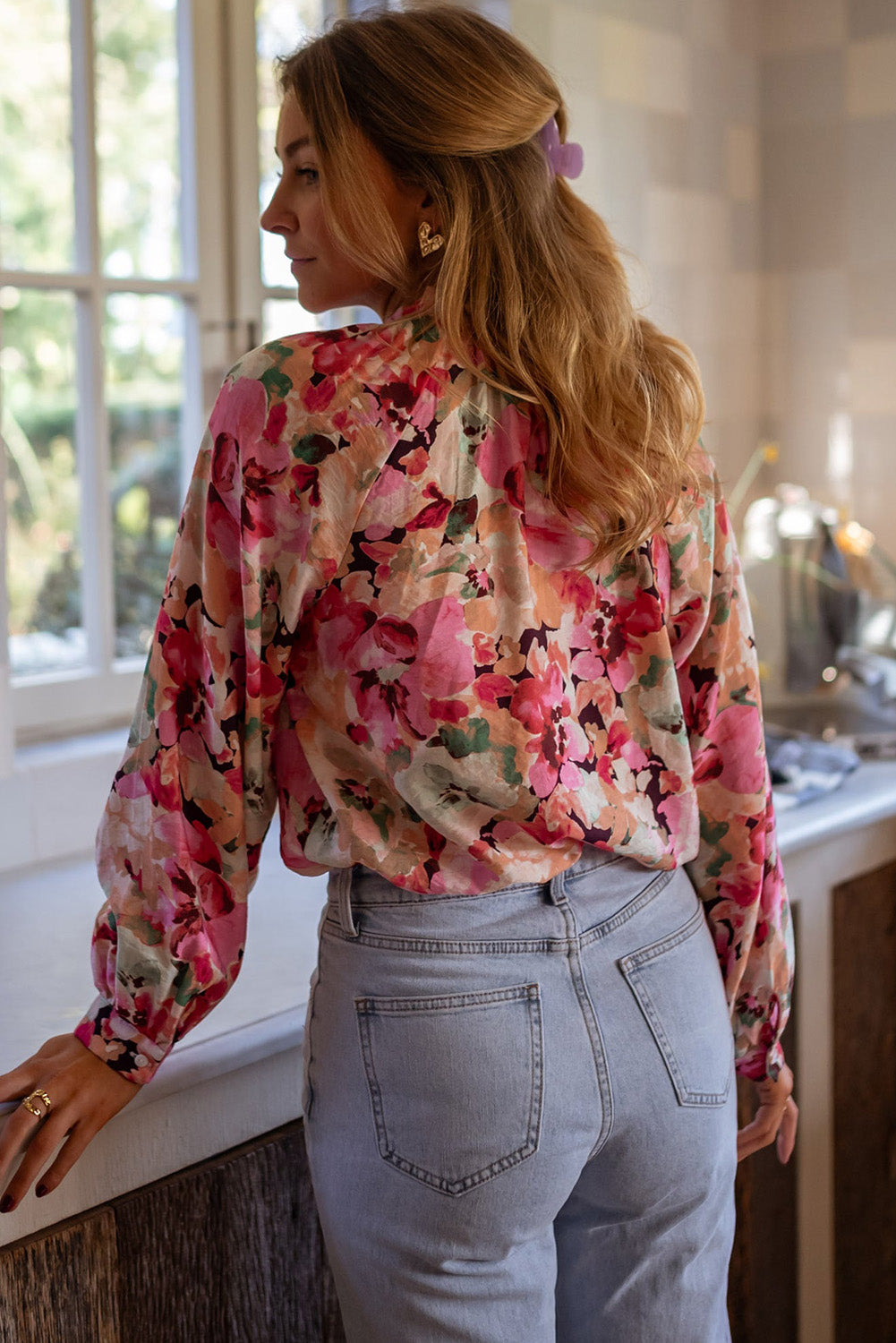 Floral Print Ruffled Stitch Buttoned Loose Fit Shirt