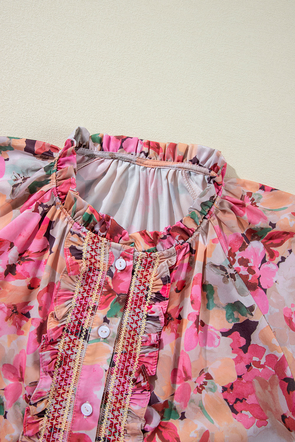 Floral Print Ruffled Stitch Buttoned Loose Fit Shirt