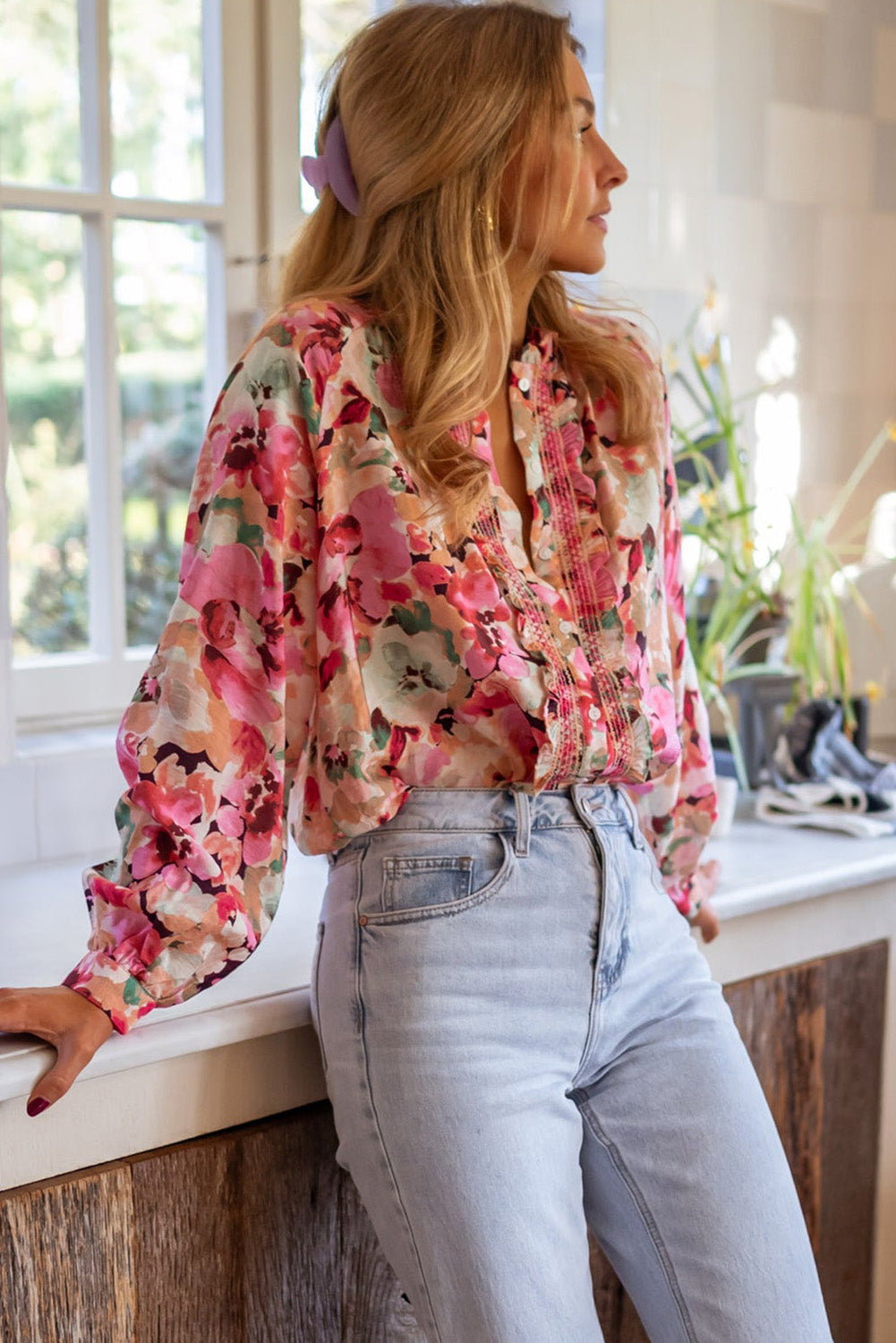 Floral Print Ruffled Stitch Buttoned Loose Fit Shirt