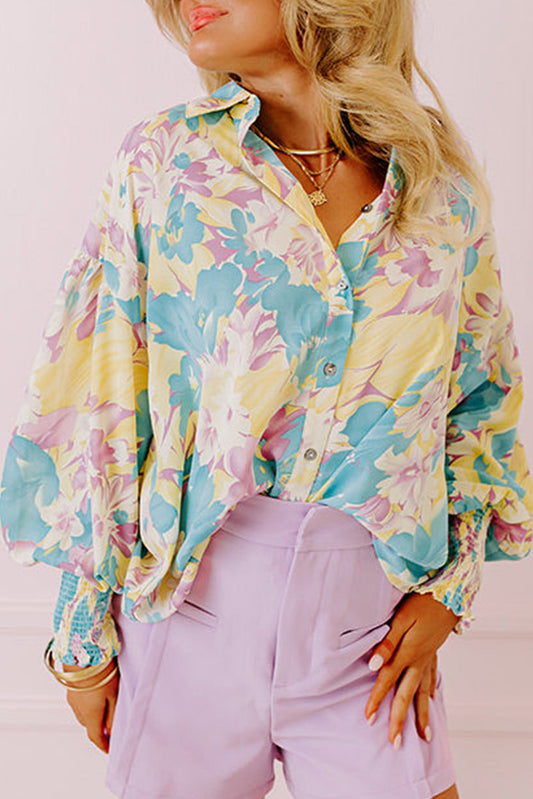 Yellow Floral Allover Print Shirred Cuff Oversized Shirt