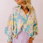 Yellow Floral Allover Print Shirred Cuff Oversized Shirt