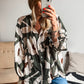 Four Leaf Clover Abstract Floral Print Puff Sleeve Half Button Blouse