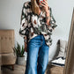 Four Leaf Clover Abstract Floral Print Puff Sleeve Half Button Blouse