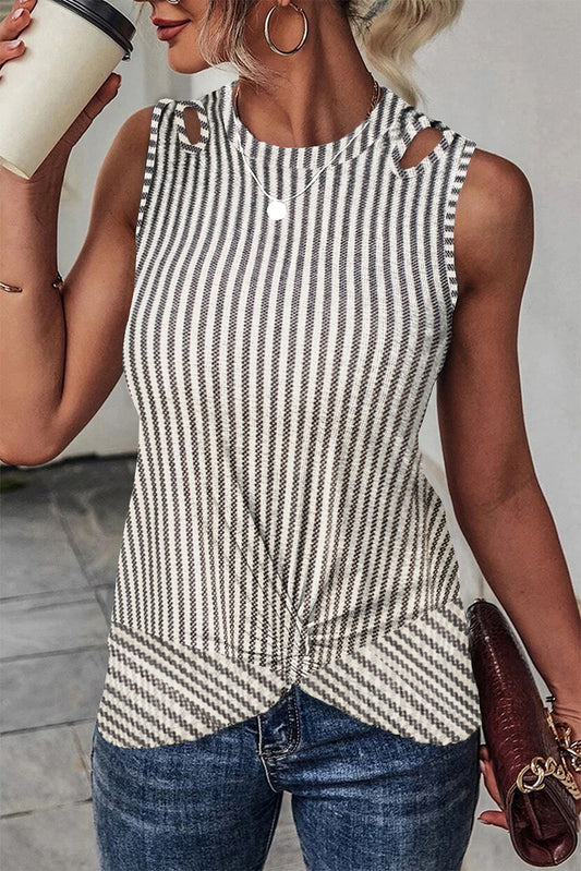 Grey Striped Cutout Twist Front Tank Top