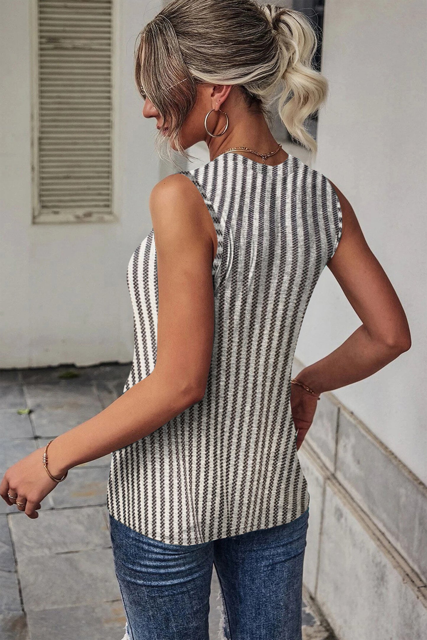 Grey Striped Cutout Twist Front Tank Top