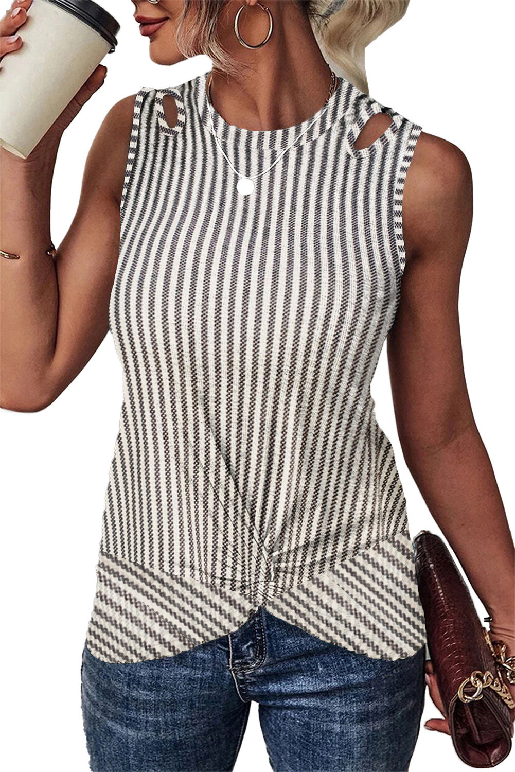 Grey Striped Cutout Twist Front Tank Top