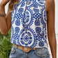 Blue Vintage Print Pintuck Crew Neck Tank Top