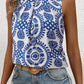 Blue Vintage Print Pintuck Crew Neck Tank Top