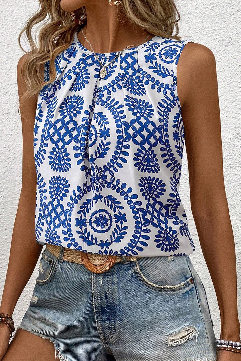 Blue Vintage Print Pintuck Crew Neck Tank Top