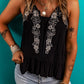 Black Floral Embroidery Ruffled Spaghetti Straps Tank Top