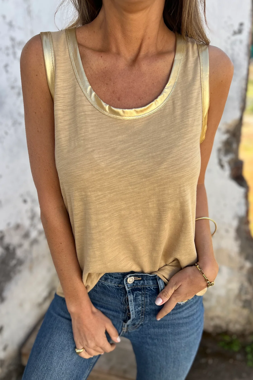 Tan Metallic Sheen Edge Scoop Neck Tank Top