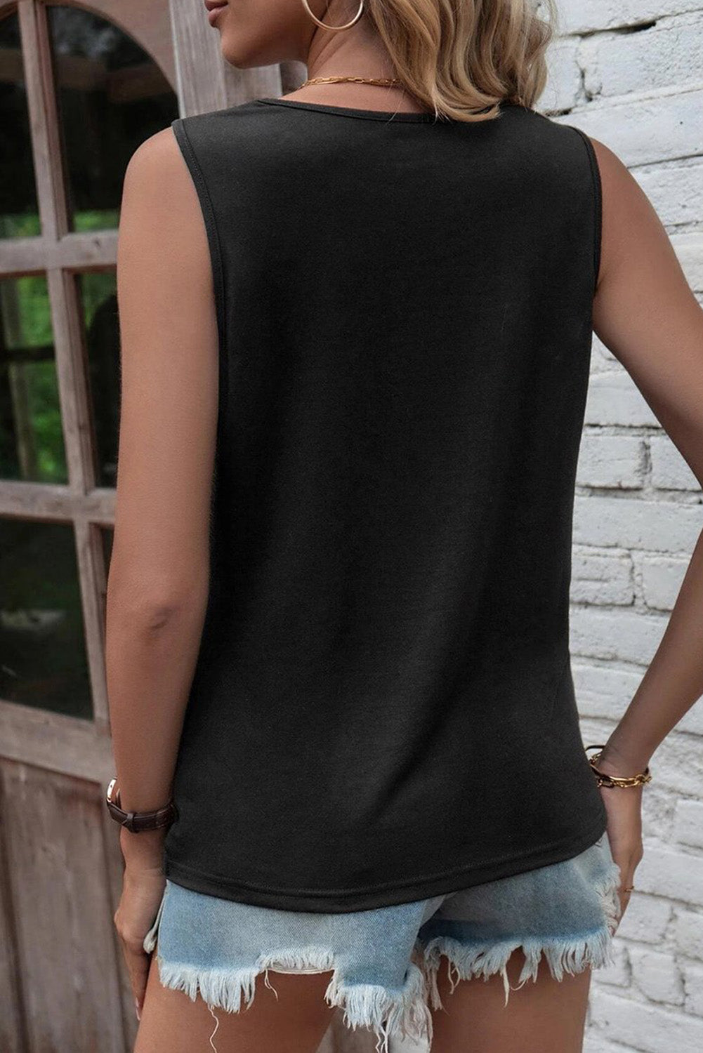 Black Laser Cut Slits Twist Front Tank Top