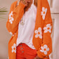 Orange Floral Print Knitted Open Front Loose Cardigan