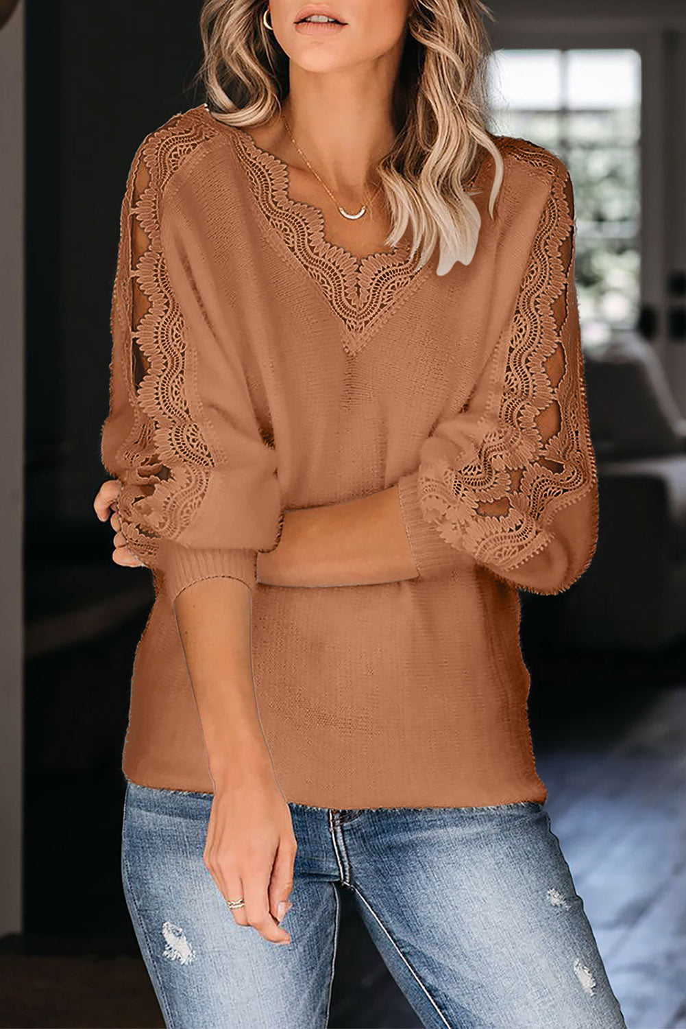 Brown Lace Splicing V Neck Pullover Sweater