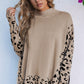 Khaki Leopard High Neck Side Slit Oversized Sweater