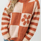 Checkered Floral Print Striped Sleeve Sweater