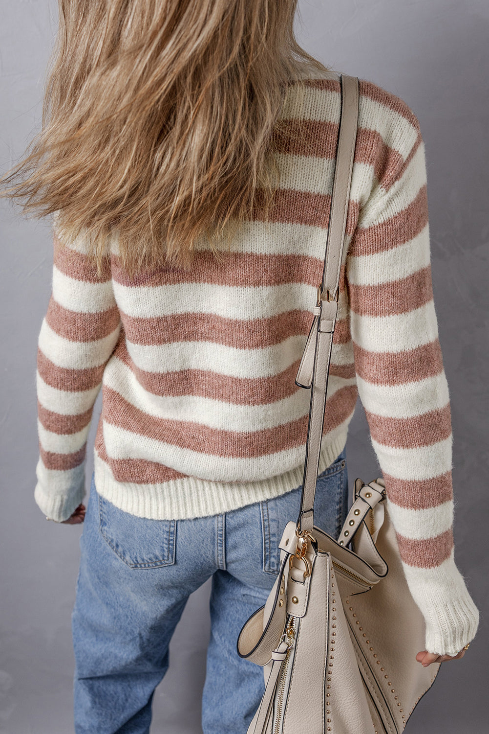 Brown/Pink Striped Round Neck Casual Sweater