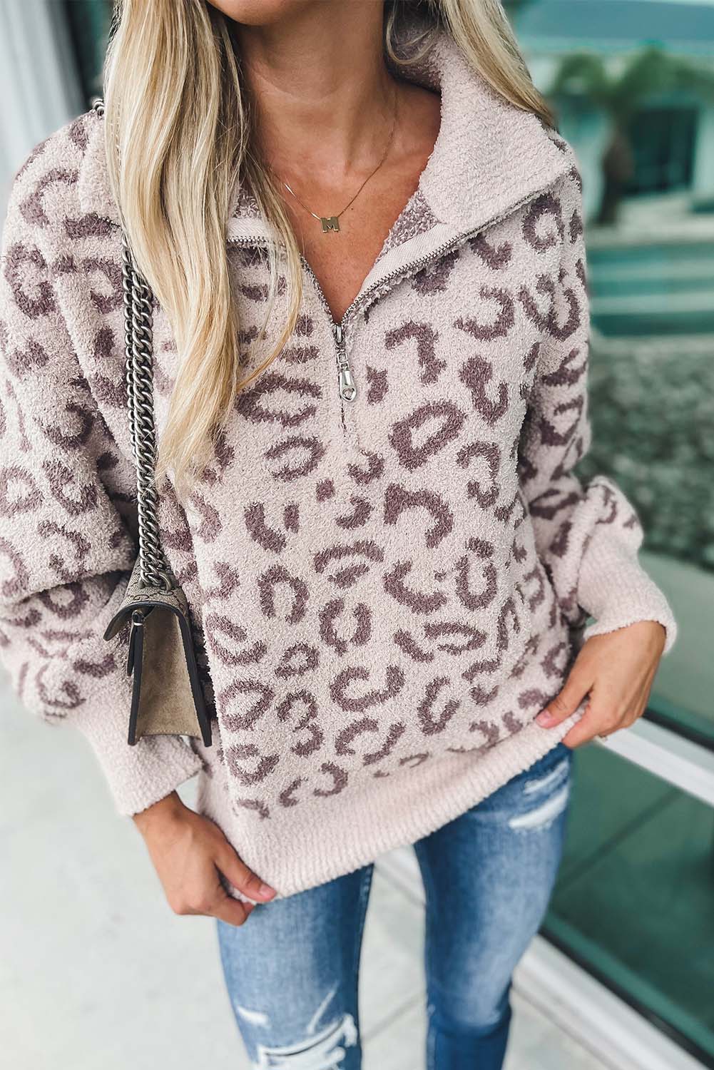 Grey Animal Print Zipped Collared Sweater