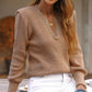 Brown Braided Notched V Neckline Puff Sleeve Knitted Sweater