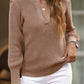 Brown Braided Notched V Neckline Puff Sleeve Knitted Sweater